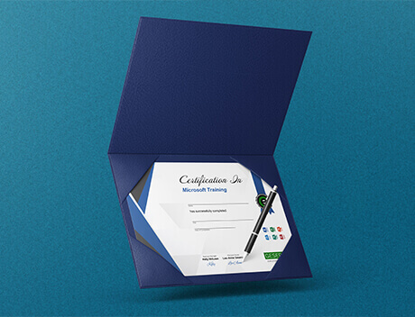 A certification in Microsoft Training sits in an open blue folder on a teal surface, accompanied by a pen, reflecting the meticulous standards of a top Toronto Design Agency. Conte Studios