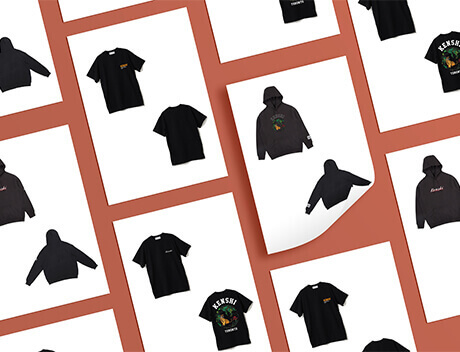 T-shirts and hoodies with various designs from Conte Studios are displayed on white sheets, arranged in a grid pattern on a brown background. Conte Studios