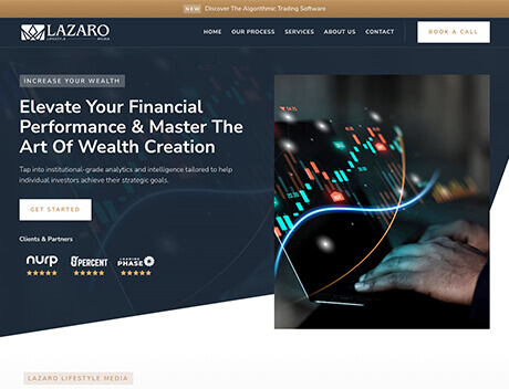 The homepage of Lazaro's financial service showcases a striking banner, stating "Elevate Your Financial Performance & Master The Art Of Wealth Creation," complemented by an image of a hand with financial charts. Crafted with precision by a leading Toronto Design Agency, it captivates and inspires. Conte Studios