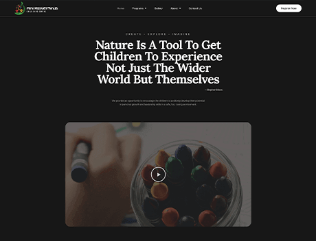 The website homepage features an inspiring quote about nature's role in children's experiences, beautifully designed by a Toronto Design Agency. Below is an engaging image of someone coloring, complete with a play button overlay for interactive exploration. Conte Studios