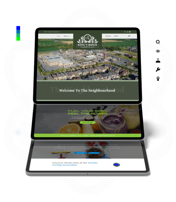 The foldable electronic device showcases a website crafted by a Toronto design agency on its top screen, featuring an aerial view of a neighborhood, while the bottom screen displays a food ad. Conte Studios